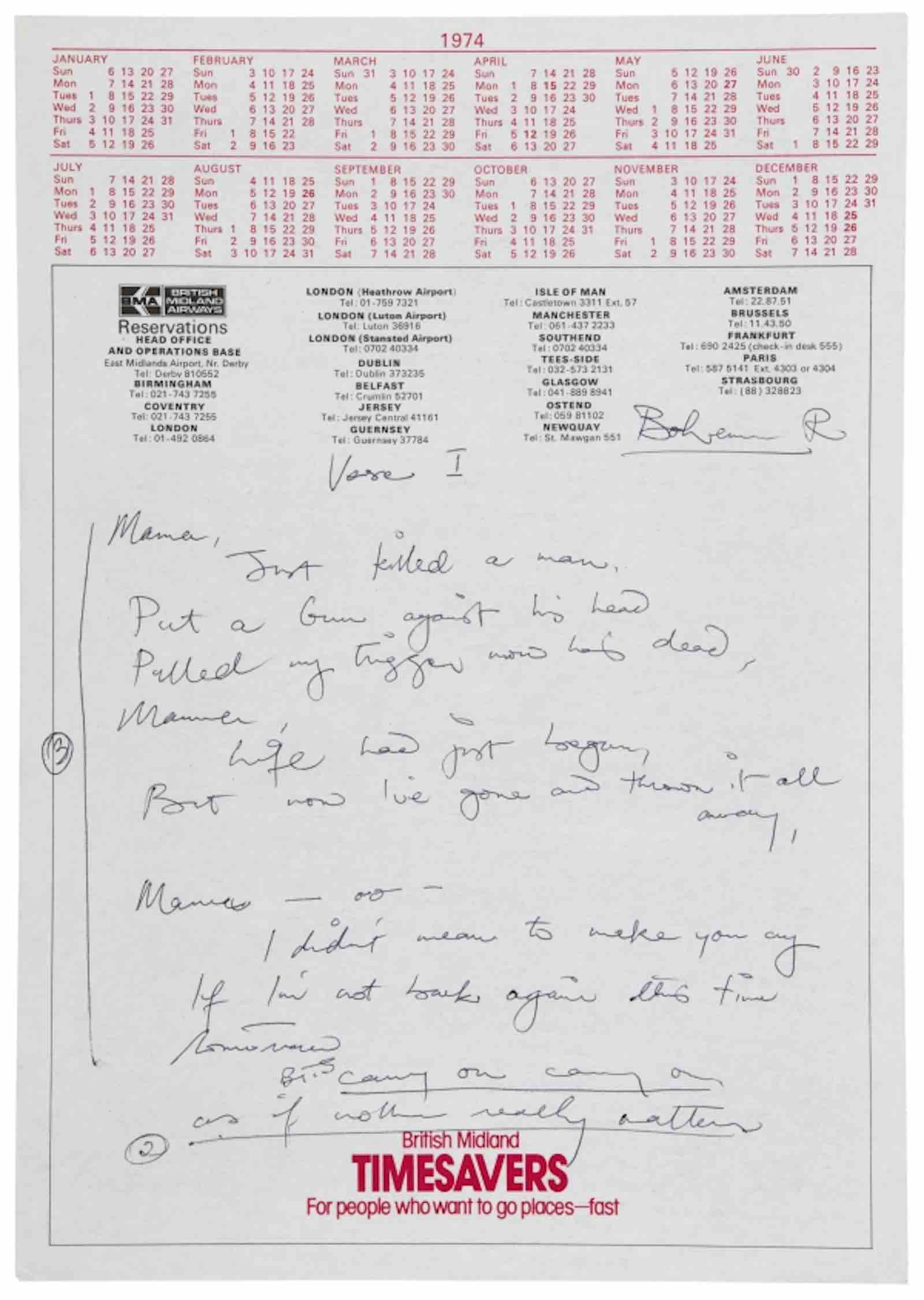 Handwritten working lyrics to Bohemian Rhapsody c. 1974