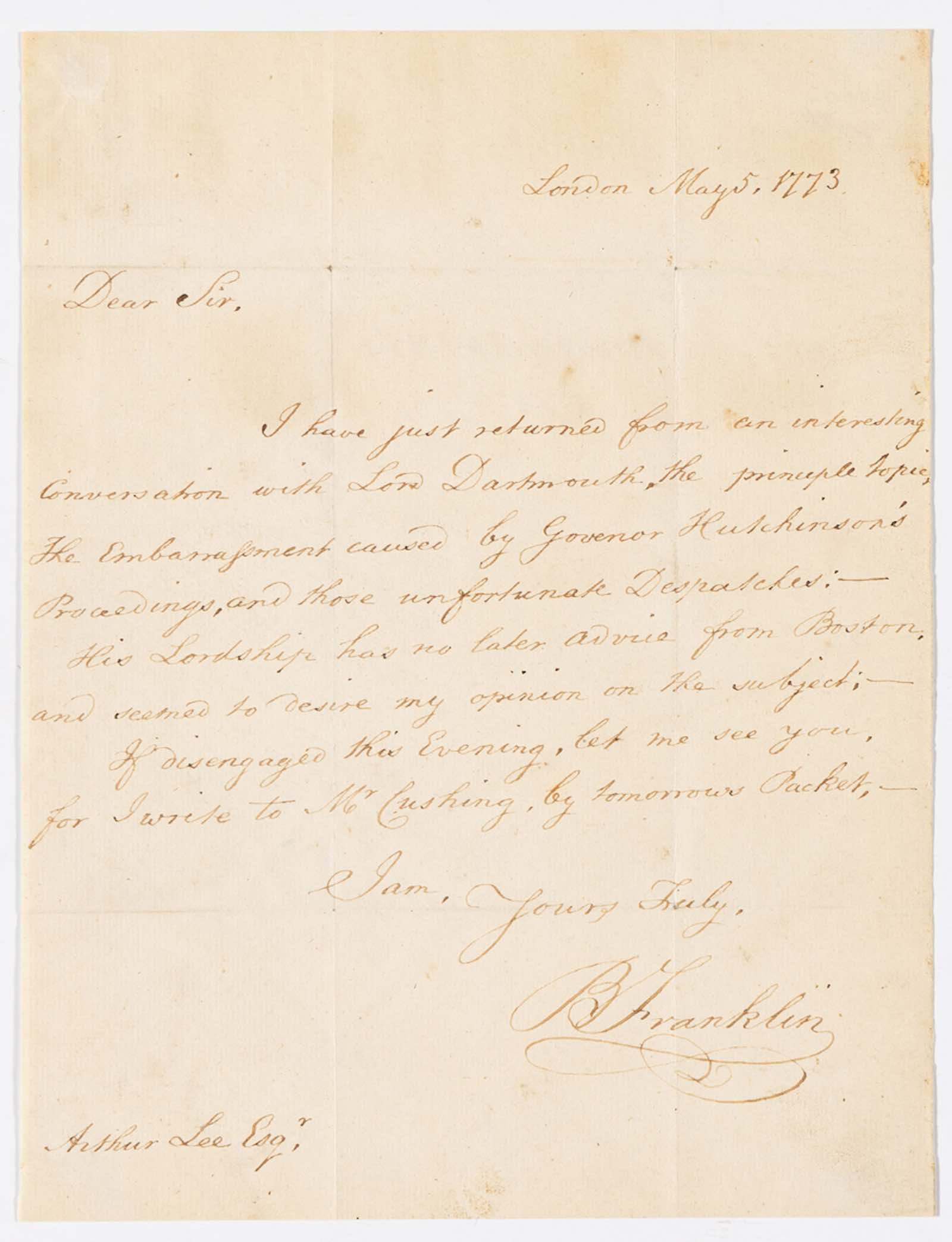 Benjamin Franklin's letter to a diplomat in 1773 concerning the conflict between the legislature of Massachusetts and their Governor