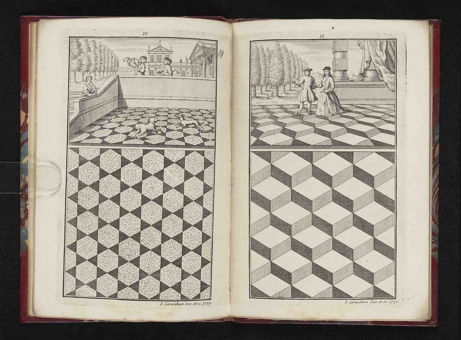Double page of copperplate illustrations from Various kinds of floor decorations represented both in plano and perspective being useful designs for ornamenting the floors of halls, rooms, summer houses, &amp;c. whither in pavements of stone, or marble, or wth painted floor cloths… by J. Carwitham, c.1739