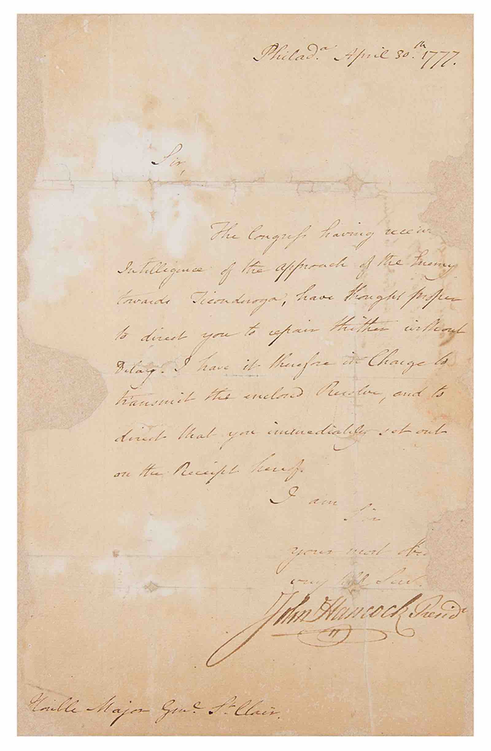 a letter signed by then President of the Continental Congress John Hancock in 1777