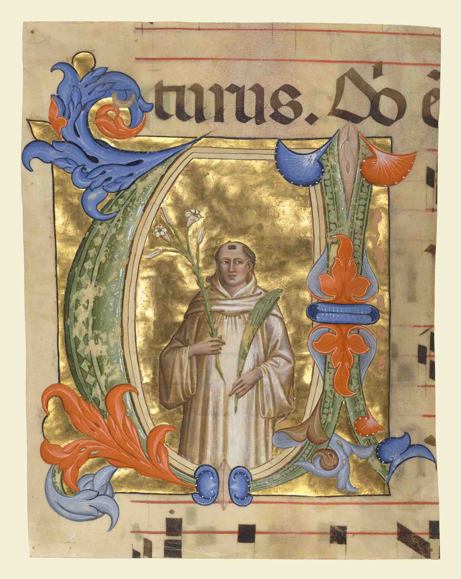 Initial V: Saint Placidus, cutting from an antiphonal, about 1385 – 1390, by Don Silvestro dei Gherarducci (Italian, 1339 – 1399). Tempera colors, gold, and ink