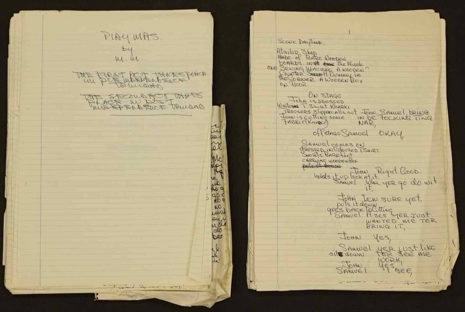 Title and first page of Play Mas literary draft by Mustapha Matura (undated, first performed in 1974)