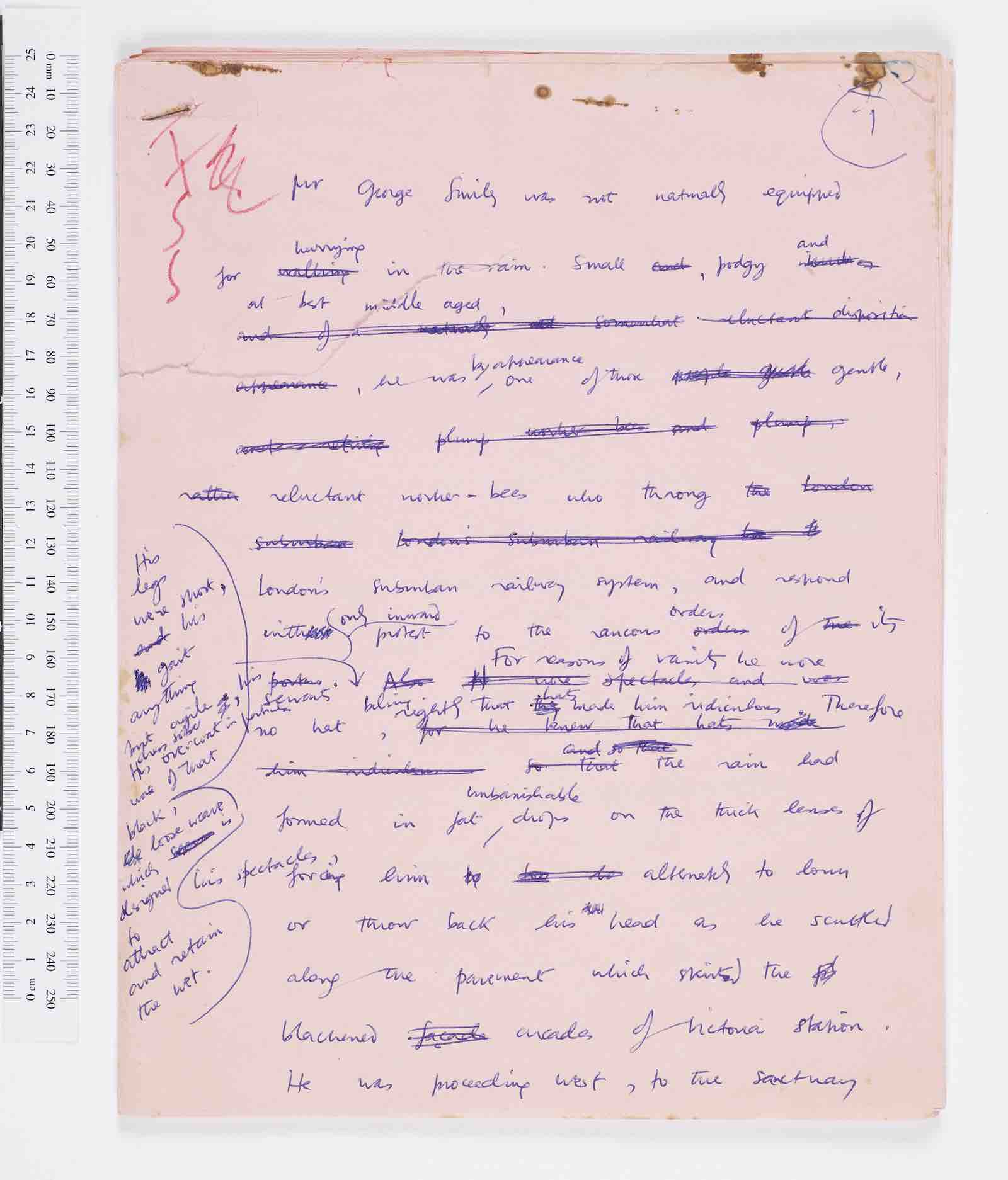 Handwritten draft for Tinker, Tailor, Soldier, Spy in which George Smiley is described as “small, podgy and at best middle-aged". Includes the insertion: “His legs were short, his gait anything but agile.”