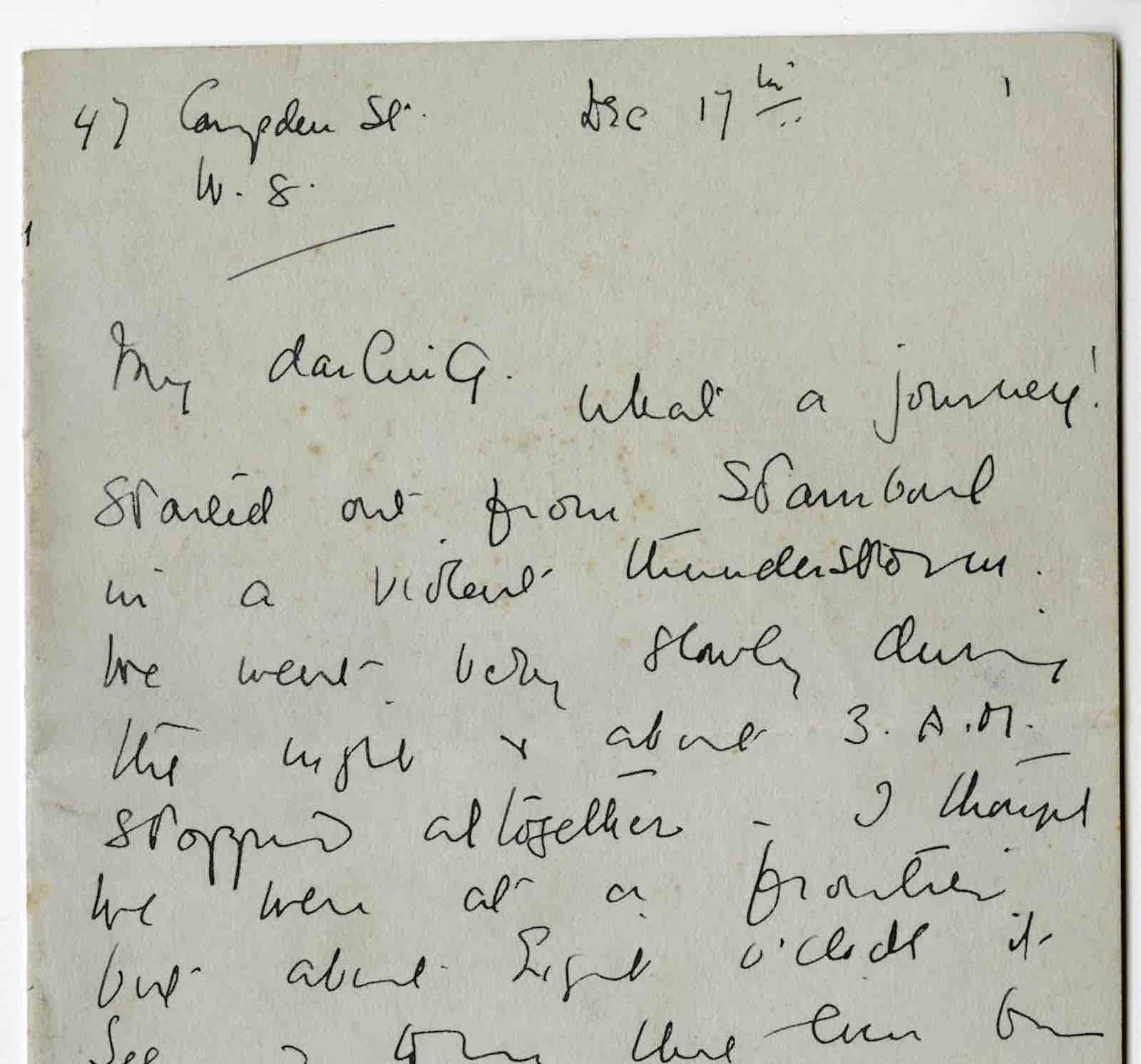 Letter from Agatha Christie to her second husband Max Mallowan, in December 1930. Agatha writes to Max describing her return home from their honeymoon, on the Orient Express. Documenting how the train had been halted by floods and her fellow travellers' reactions, this event would inspire her to write Murder on the Orient Express a few years later.