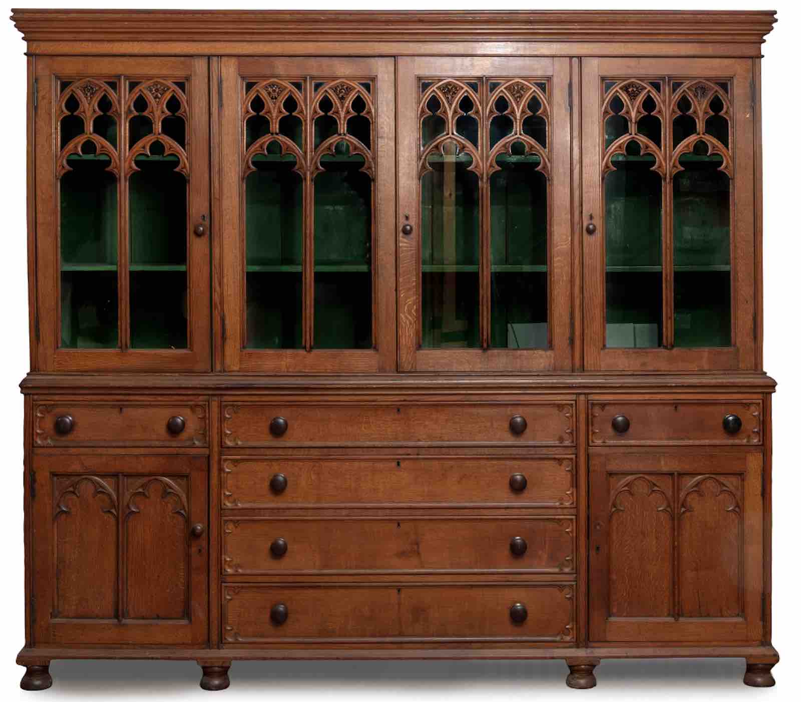 A late Victorian oak Gothic Revival bookcase