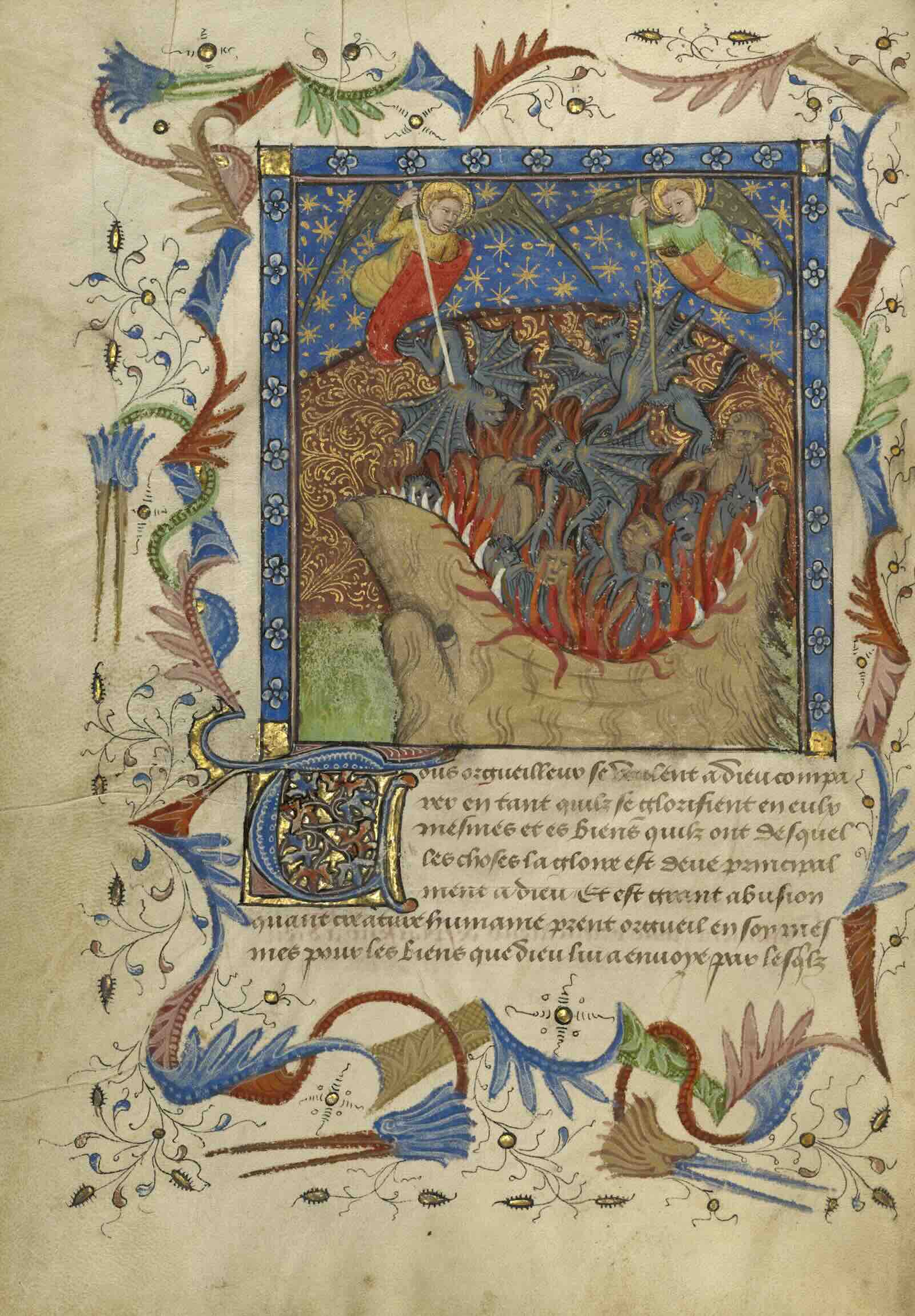 The Fall of the Rebel Angels from Book of Good Manners, about 1430. French Tempera colors, gold leaf, gold paint, and pen and ink on parchment.