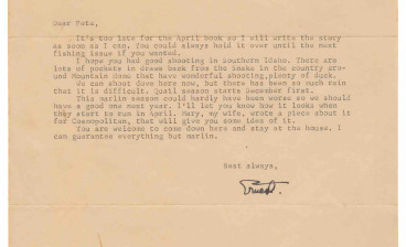 Typed signed letter to his friend, screenwriter for The Sun Also Rises and The Old Man and the Sea and novelist, Peter Viertel