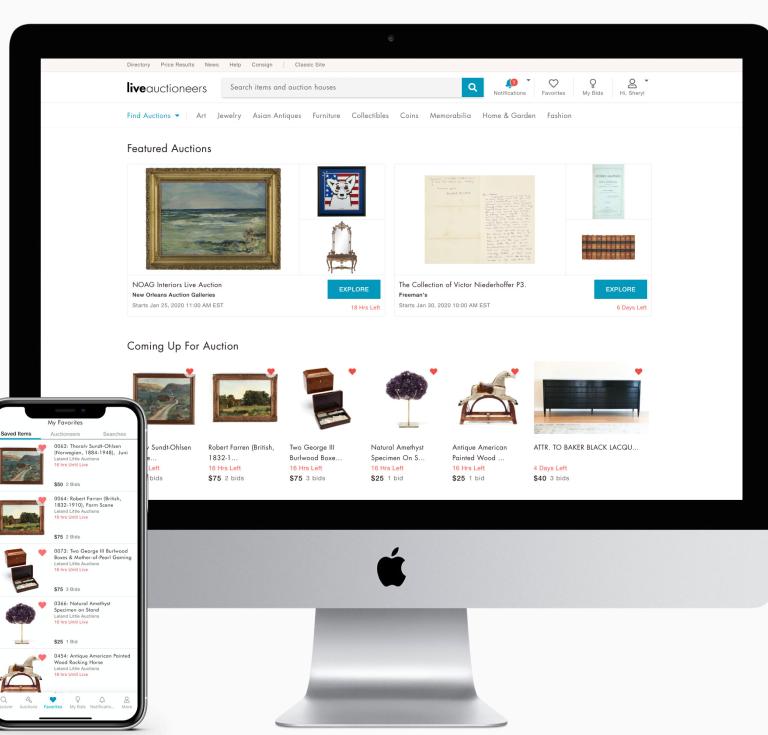 LiveAuctioneers as viewed via mobile phone and desktop computer