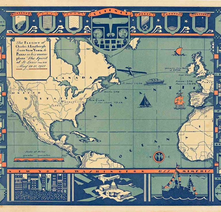 Amy Drevenstedt, The Flight of Charles A Lindbergh from New York to Paris, in His Mono-plane “The Spirit of St. Louis” on May 20-21, map, lithographed in four colors, 1927. Estimate $1,000 to $1,500.