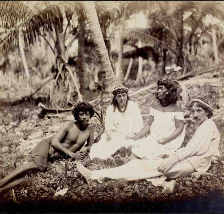 Robert Louis Stevenson and his wife Fanny with two Marquesas islanders in Butaritari, Gilbert Islands, c. July 1889.