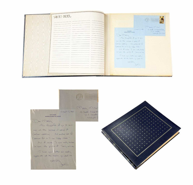 Melody J. Miller’s personal album of more than 65 autographed and signed typed letters received from various members of the Kennedy family, including a handwritten letter from Jacqueline Kennedy, and many items of correspondence from politicians, celebrities and other notables. Estimate: $2,000-$3,000