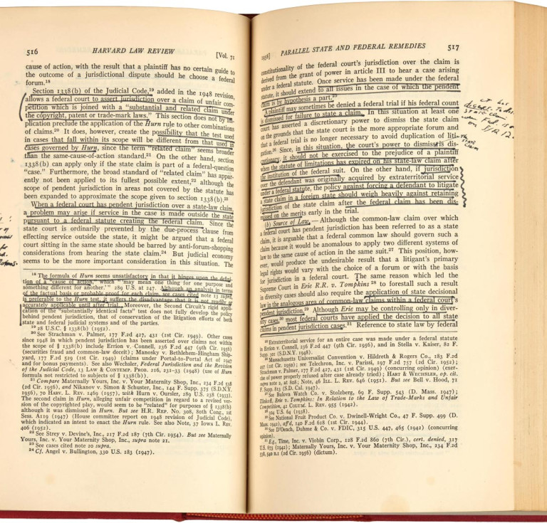 Ruth Bader Ginsburg's annotated copy of the 1957-58 Harvard Law Review, Volume 71. Cambridge, MA