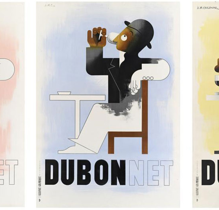 Triptych poster design for Dubonnet showing a man drinking an aperitif, filling with color as the triptych progresses.