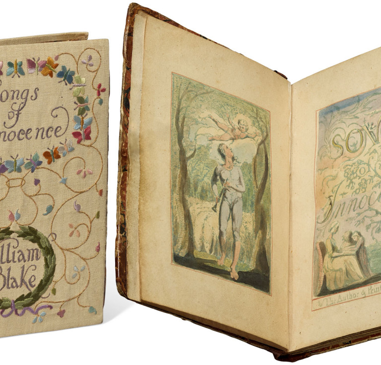 Opening from William Blake's Songs of Innocence, showing frontispiece and title page.