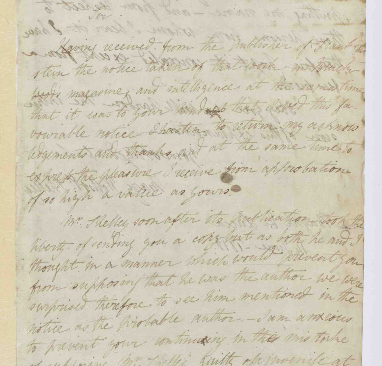 Letter from Mary Shelley to Sir Walter Scott on the authorship of Frankenstein dated June 14, 1818